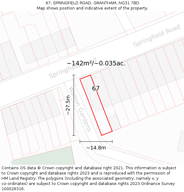 67, SPRINGFIELD ROAD, GRANTHAM, NG31 7BD: Plot and title map