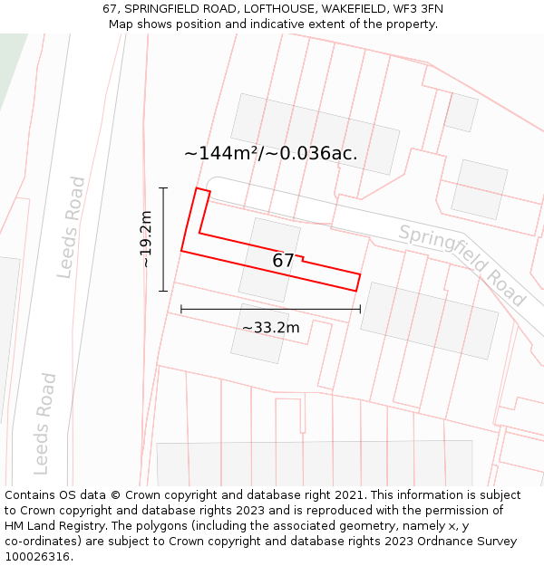 67, SPRINGFIELD ROAD, LOFTHOUSE, WAKEFIELD, WF3 3FN: Plot and title map