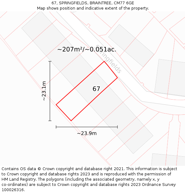 67, SPRINGFIELDS, BRAINTREE, CM77 6GE: Plot and title map