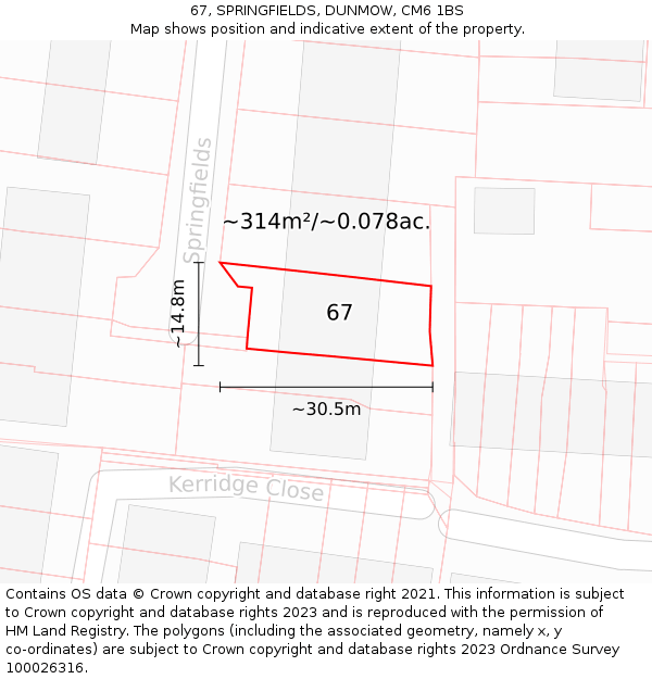 67, SPRINGFIELDS, DUNMOW, CM6 1BS: Plot and title map