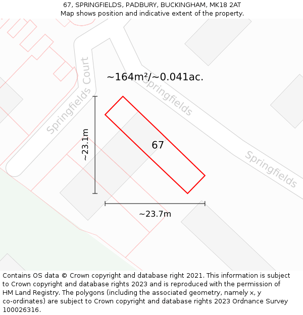 67, SPRINGFIELDS, PADBURY, BUCKINGHAM, MK18 2AT: Plot and title map