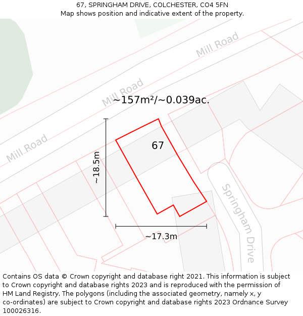 67, SPRINGHAM DRIVE, COLCHESTER, CO4 5FN: Plot and title map