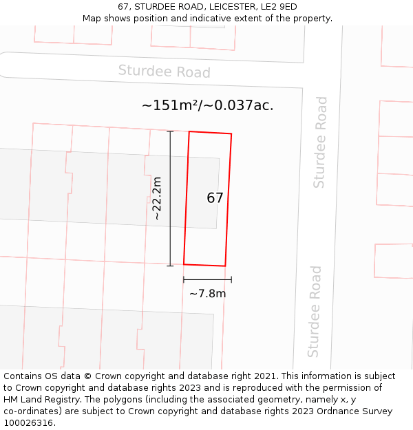 67, STURDEE ROAD, LEICESTER, LE2 9ED: Plot and title map