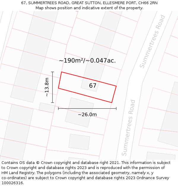 67, SUMMERTREES ROAD, GREAT SUTTON, ELLESMERE PORT, CH66 2RN: Plot and title map