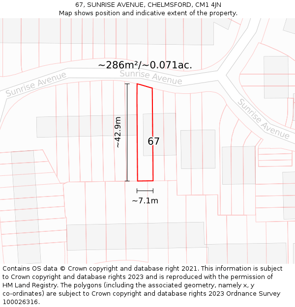 67, SUNRISE AVENUE, CHELMSFORD, CM1 4JN: Plot and title map