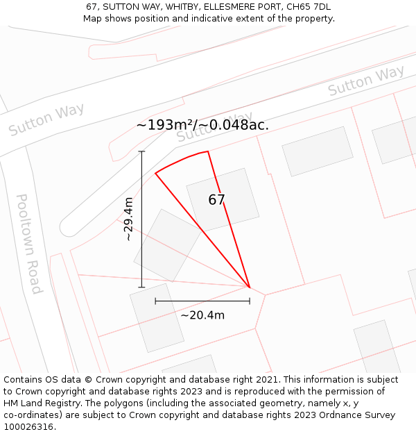 67, SUTTON WAY, WHITBY, ELLESMERE PORT, CH65 7DL: Plot and title map