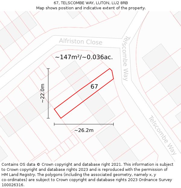 67, TELSCOMBE WAY, LUTON, LU2 8RB: Plot and title map
