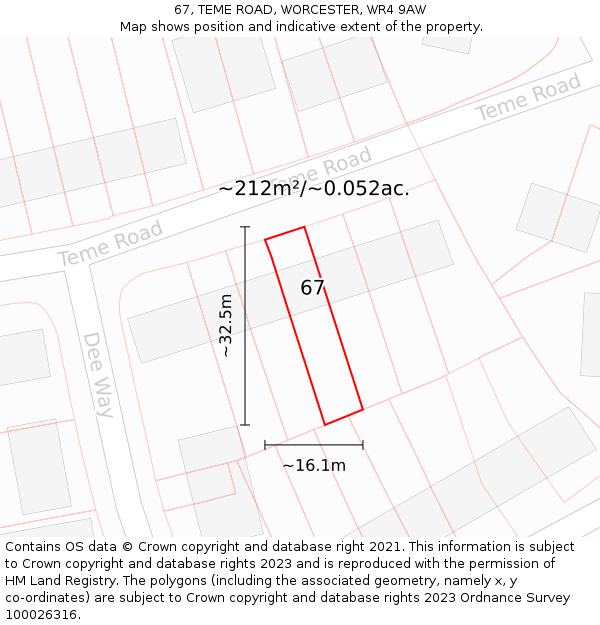 67, TEME ROAD, WORCESTER, WR4 9AW: Plot and title map