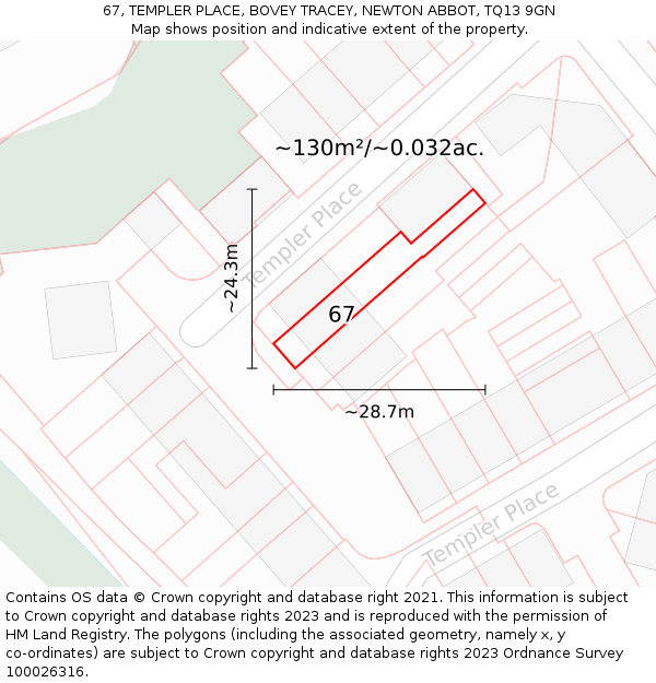 67, TEMPLER PLACE, BOVEY TRACEY, NEWTON ABBOT, TQ13 9GN: Plot and title map