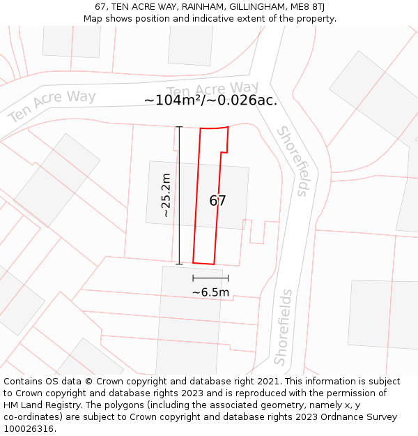 67, TEN ACRE WAY, RAINHAM, GILLINGHAM, ME8 8TJ: Plot and title map