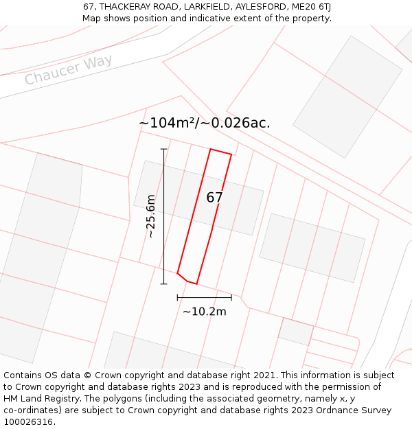67, THACKERAY ROAD, LARKFIELD, AYLESFORD, ME20 6TJ: Plot and title map