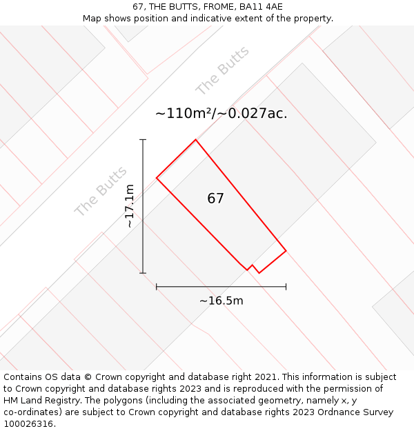 67, THE BUTTS, FROME, BA11 4AE: Plot and title map