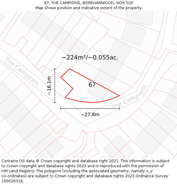 67, THE CAMPIONS, BOREHAMWOOD, WD6 5QF: Plot and title map