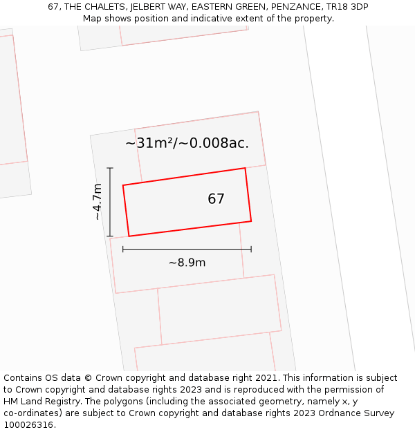 67, THE CHALETS, JELBERT WAY, EASTERN GREEN, PENZANCE, TR18 3DP: Plot and title map