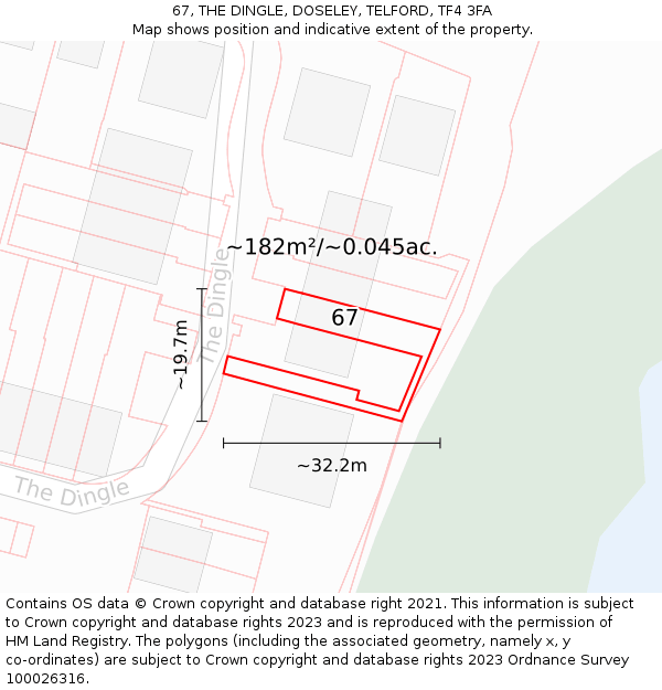 67, THE DINGLE, DOSELEY, TELFORD, TF4 3FA: Plot and title map