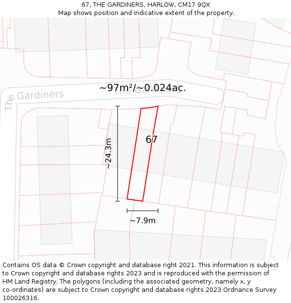 67, THE GARDINERS, HARLOW, CM17 9QX: Plot and title map