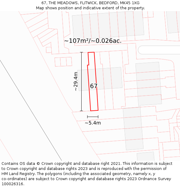 67, THE MEADOWS, FLITWICK, BEDFORD, MK45 1XG: Plot and title map