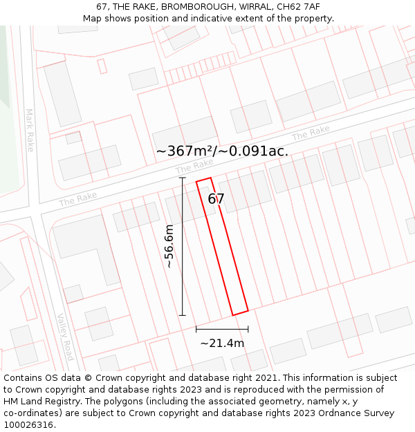 67, THE RAKE, BROMBOROUGH, WIRRAL, CH62 7AF: Plot and title map
