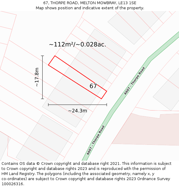 67, THORPE ROAD, MELTON MOWBRAY, LE13 1SE: Plot and title map