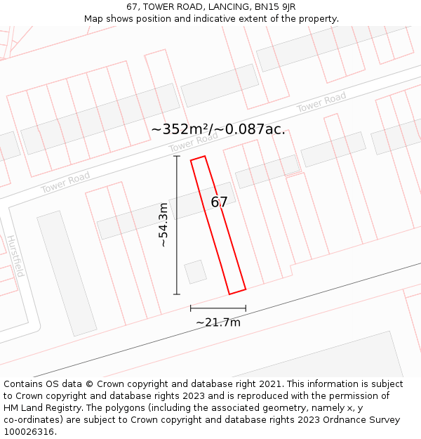 67, TOWER ROAD, LANCING, BN15 9JR: Plot and title map