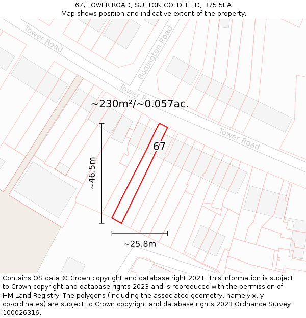 67, TOWER ROAD, SUTTON COLDFIELD, B75 5EA: Plot and title map