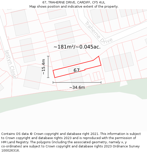 67, TRAHERNE DRIVE, CARDIFF, CF5 4UL: Plot and title map