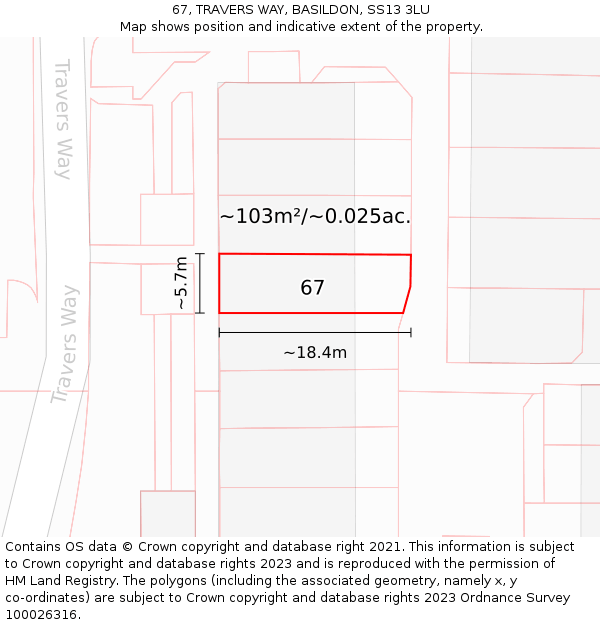 67, TRAVERS WAY, BASILDON, SS13 3LU: Plot and title map