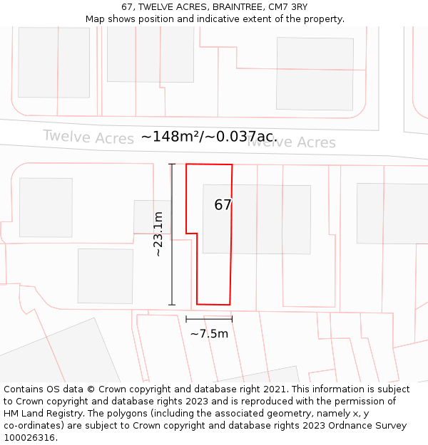 67, TWELVE ACRES, BRAINTREE, CM7 3RY: Plot and title map
