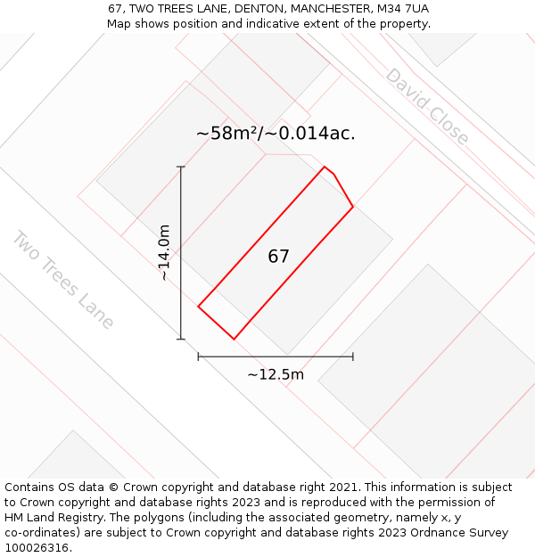 67, TWO TREES LANE, DENTON, MANCHESTER, M34 7UA: Plot and title map