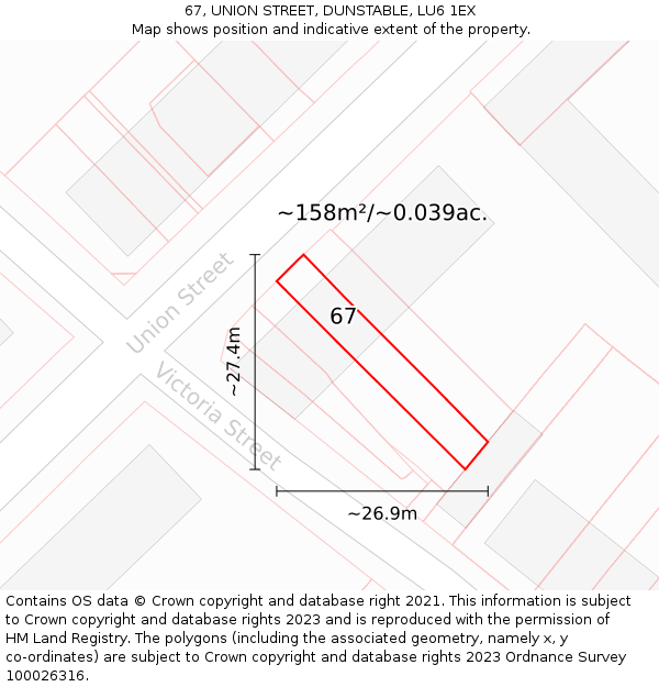 67, UNION STREET, DUNSTABLE, LU6 1EX: Plot and title map