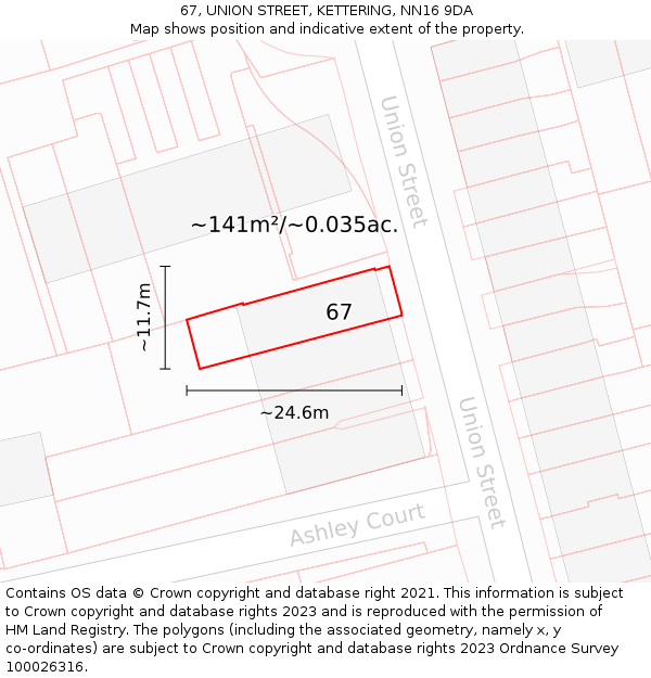 67, UNION STREET, KETTERING, NN16 9DA: Plot and title map