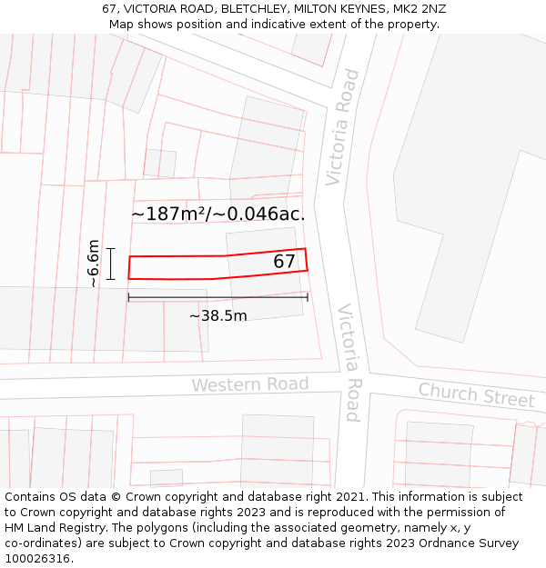 67, VICTORIA ROAD, BLETCHLEY, MILTON KEYNES, MK2 2NZ: Plot and title map