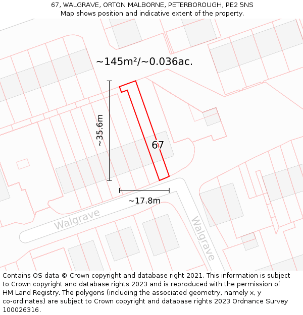 67, WALGRAVE, ORTON MALBORNE, PETERBOROUGH, PE2 5NS: Plot and title map