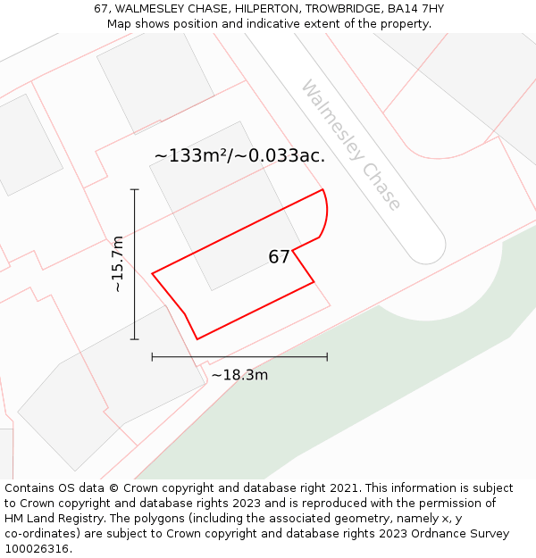 67, WALMESLEY CHASE, HILPERTON, TROWBRIDGE, BA14 7HY: Plot and title map