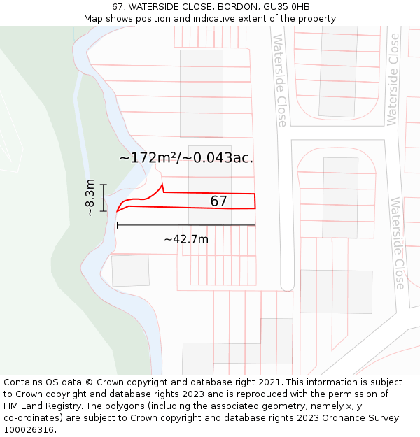 67, WATERSIDE CLOSE, BORDON, GU35 0HB: Plot and title map