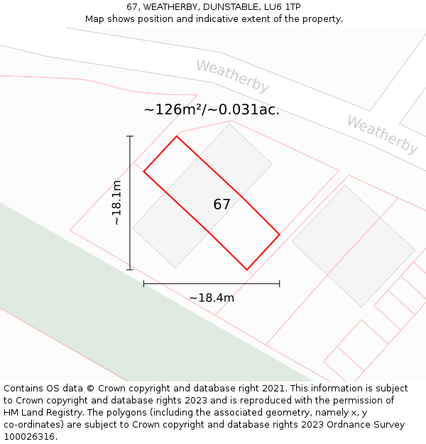 67, WEATHERBY, DUNSTABLE, LU6 1TP: Plot and title map