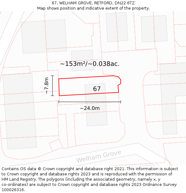 67, WELHAM GROVE, RETFORD, DN22 6TZ: Plot and title map