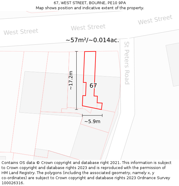 67, WEST STREET, BOURNE, PE10 9PA: Plot and title map