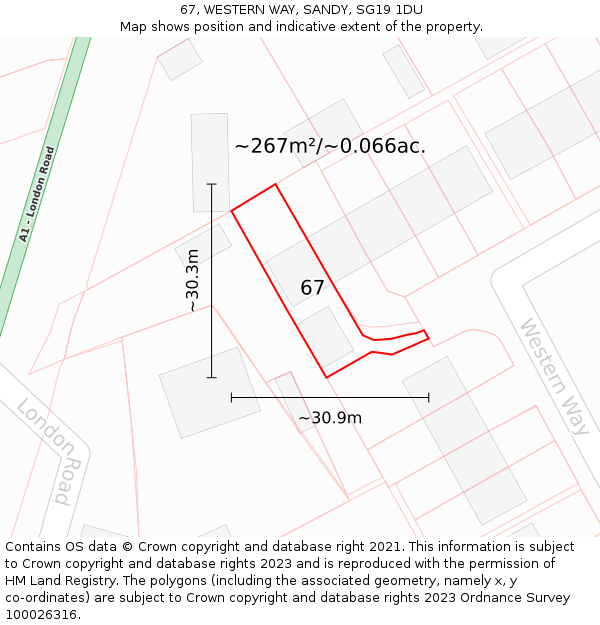 67, WESTERN WAY, SANDY, SG19 1DU: Plot and title map