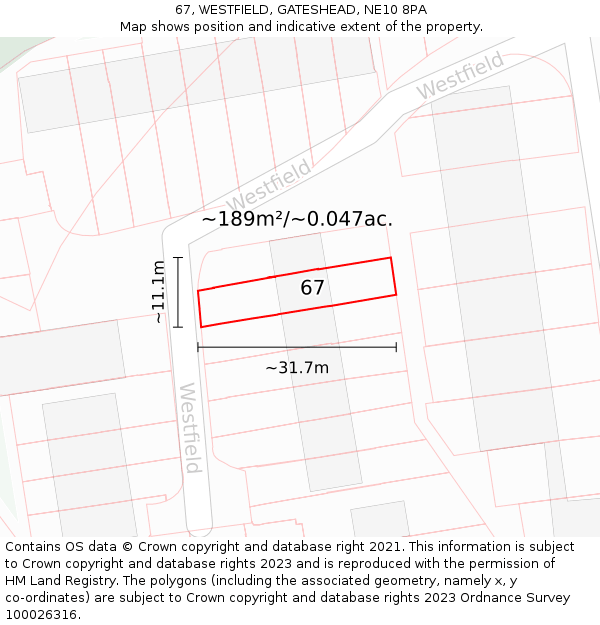 67, WESTFIELD, GATESHEAD, NE10 8PA: Plot and title map