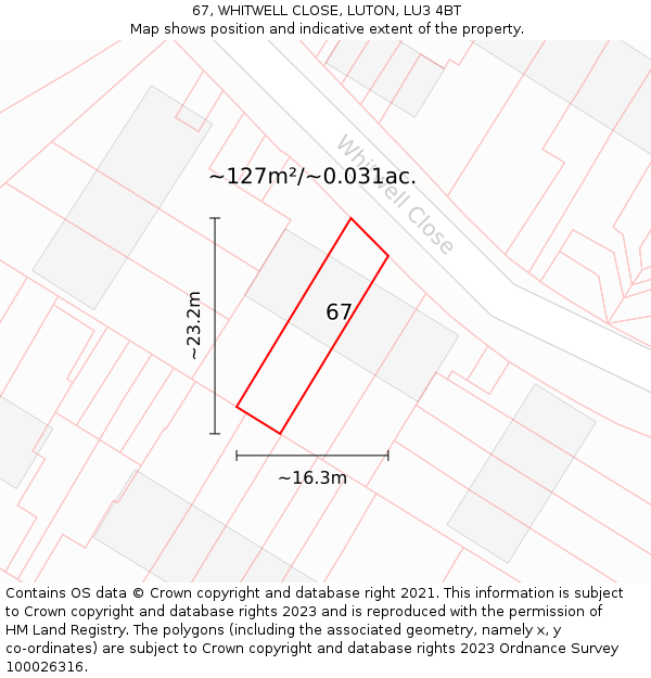67, WHITWELL CLOSE, LUTON, LU3 4BT: Plot and title map