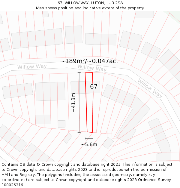 67, WILLOW WAY, LUTON, LU3 2SA: Plot and title map