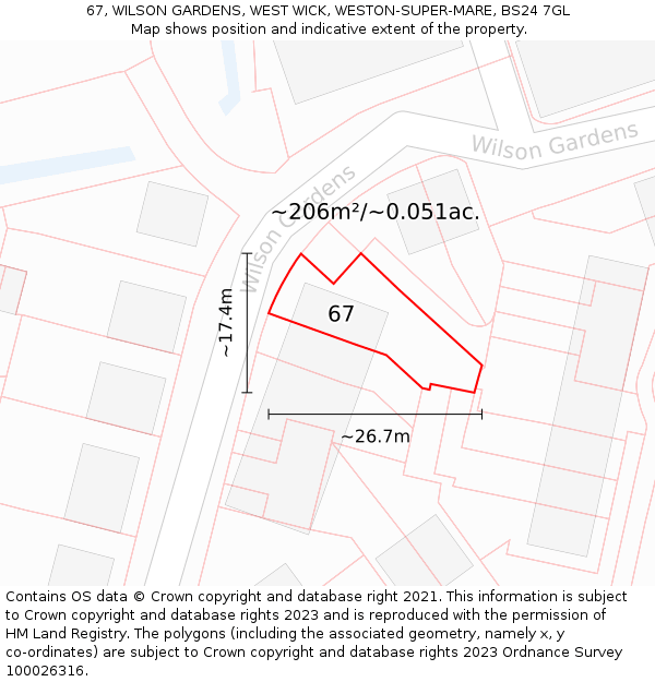 67, WILSON GARDENS, WEST WICK, WESTON-SUPER-MARE, BS24 7GL: Plot and title map