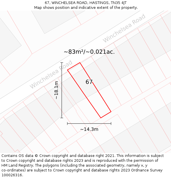 67, WINCHELSEA ROAD, HASTINGS, TN35 4JT: Plot and title map