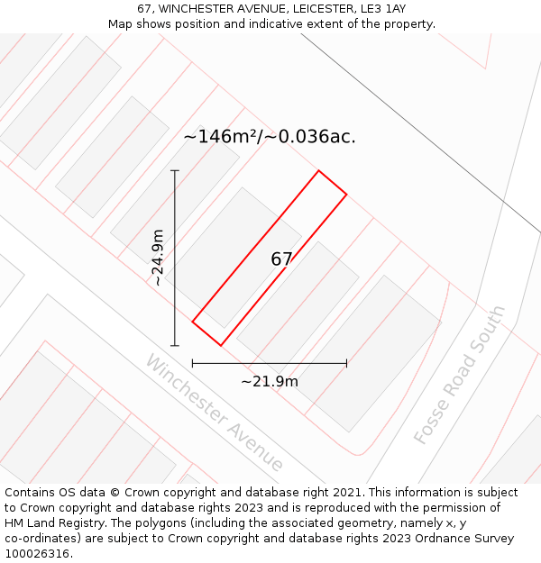 67, WINCHESTER AVENUE, LEICESTER, LE3 1AY: Plot and title map