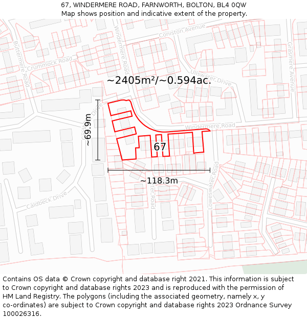 67, WINDERMERE ROAD, FARNWORTH, BOLTON, BL4 0QW: Plot and title map