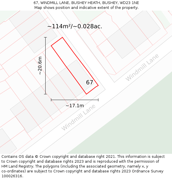 67, WINDMILL LANE, BUSHEY HEATH, BUSHEY, WD23 1NE: Plot and title map