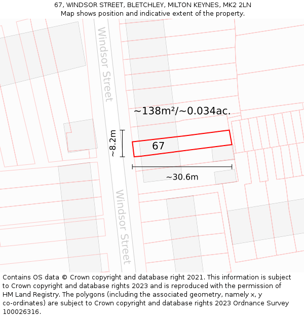 67, WINDSOR STREET, BLETCHLEY, MILTON KEYNES, MK2 2LN: Plot and title map