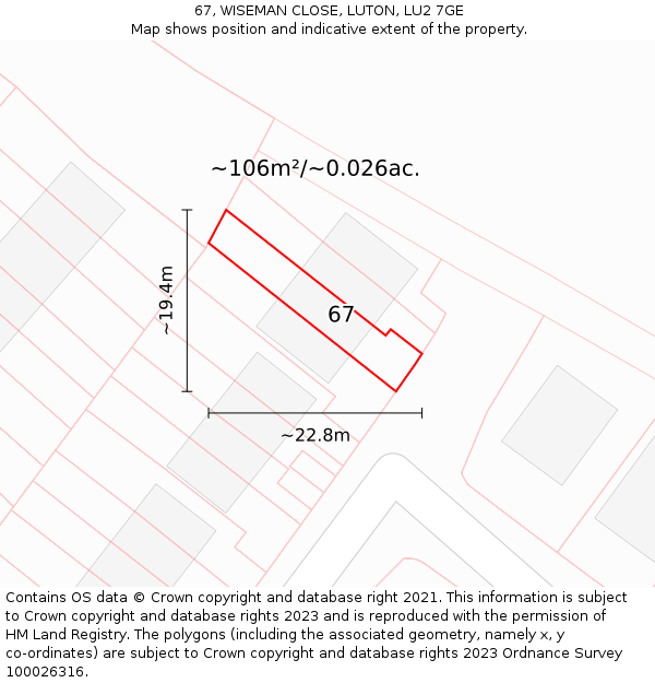 67, WISEMAN CLOSE, LUTON, LU2 7GE: Plot and title map