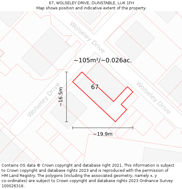 67, WOLSELEY DRIVE, DUNSTABLE, LU6 1FH: Plot and title map